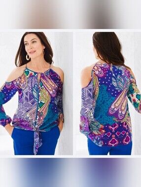 Chicos Women 3 L XL 16/18 Paisley Cold Shoulder Tie Front Button Blouse Top Boho